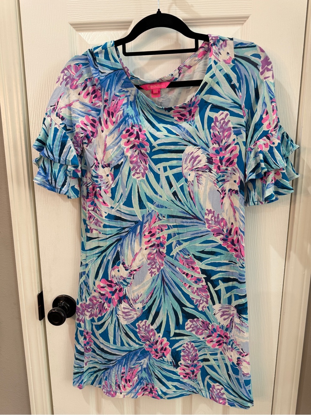 Lilly Pulitzer Lula mini dress,vibrant Mr Peacock tropical print ruffled sleeves